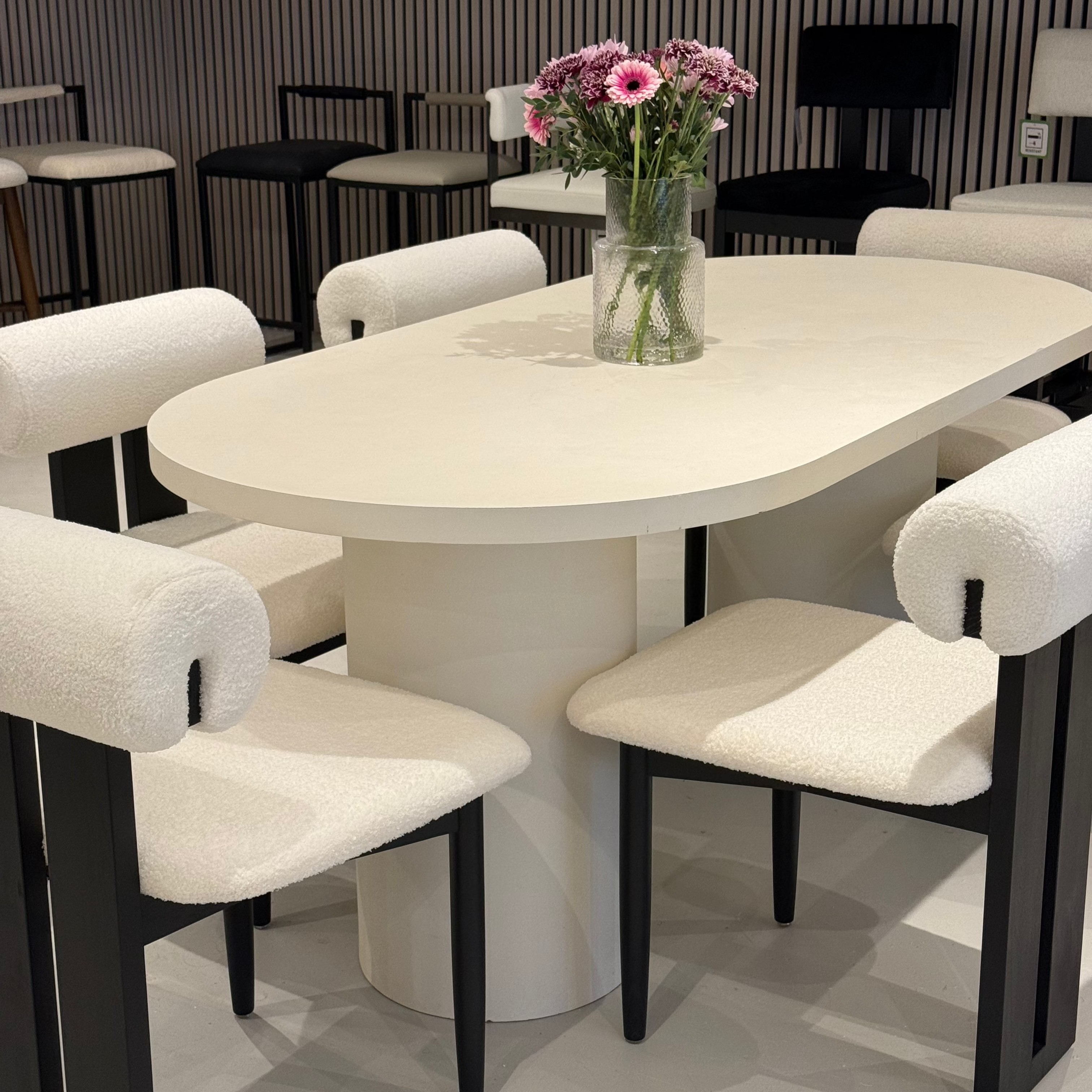 Cloud Micro Cement Oval Table & Boba Bouclé Chair Set | Lush Interiors