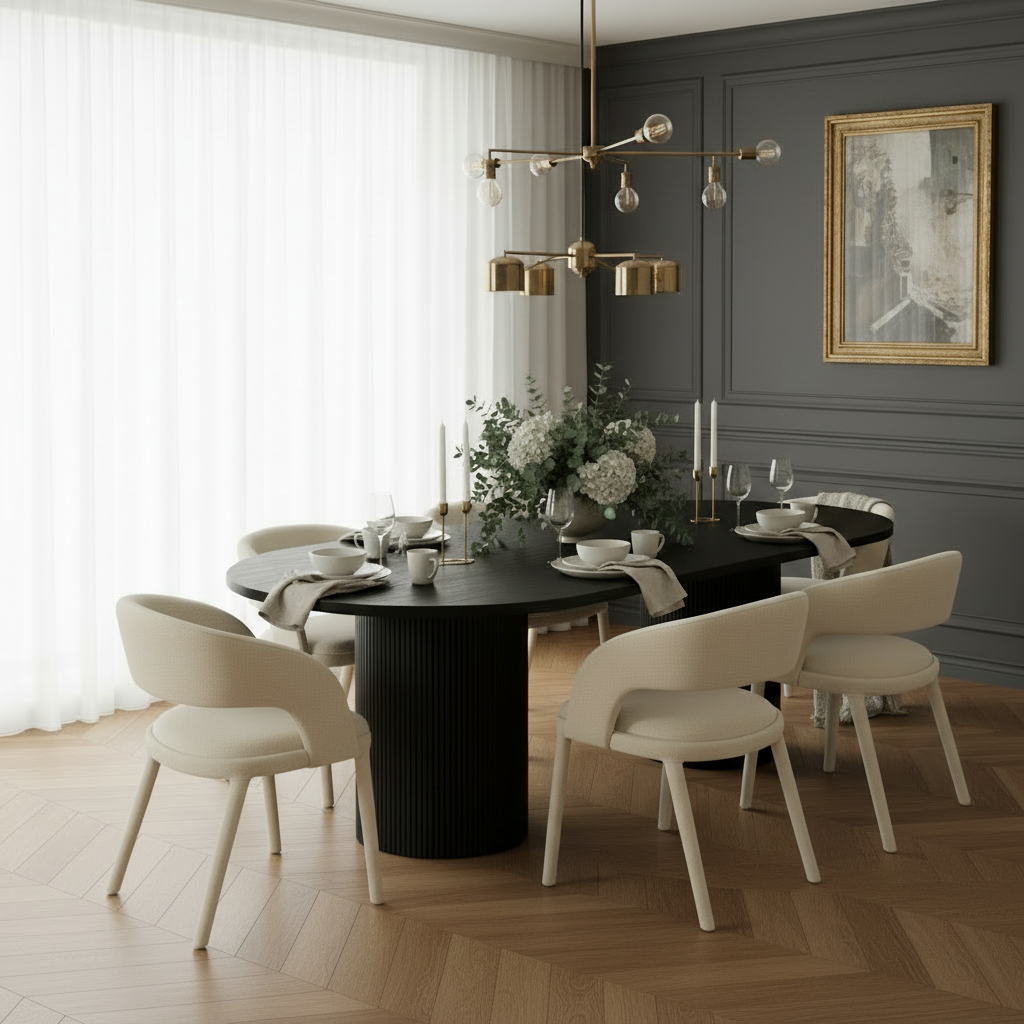 Luna Black Oval Dining Table & Cole Fabric Chair Set | Lush Interiors