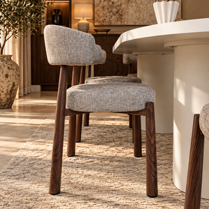 Cloud White Micro Cement Oval Dining Table & Aria Walnut Dining Chair Set