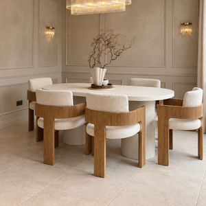 Cloud White Micro Cement Oval Dining Table & Harper Oak Dining Chair Set