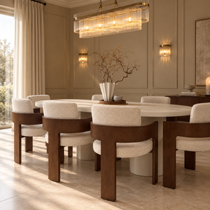 Walnut dining chair set around oval dining table, beige upholstered back