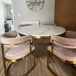 Luca White & Gold Round Marble Dining Table & 4 Sandro Velvet Chair Set