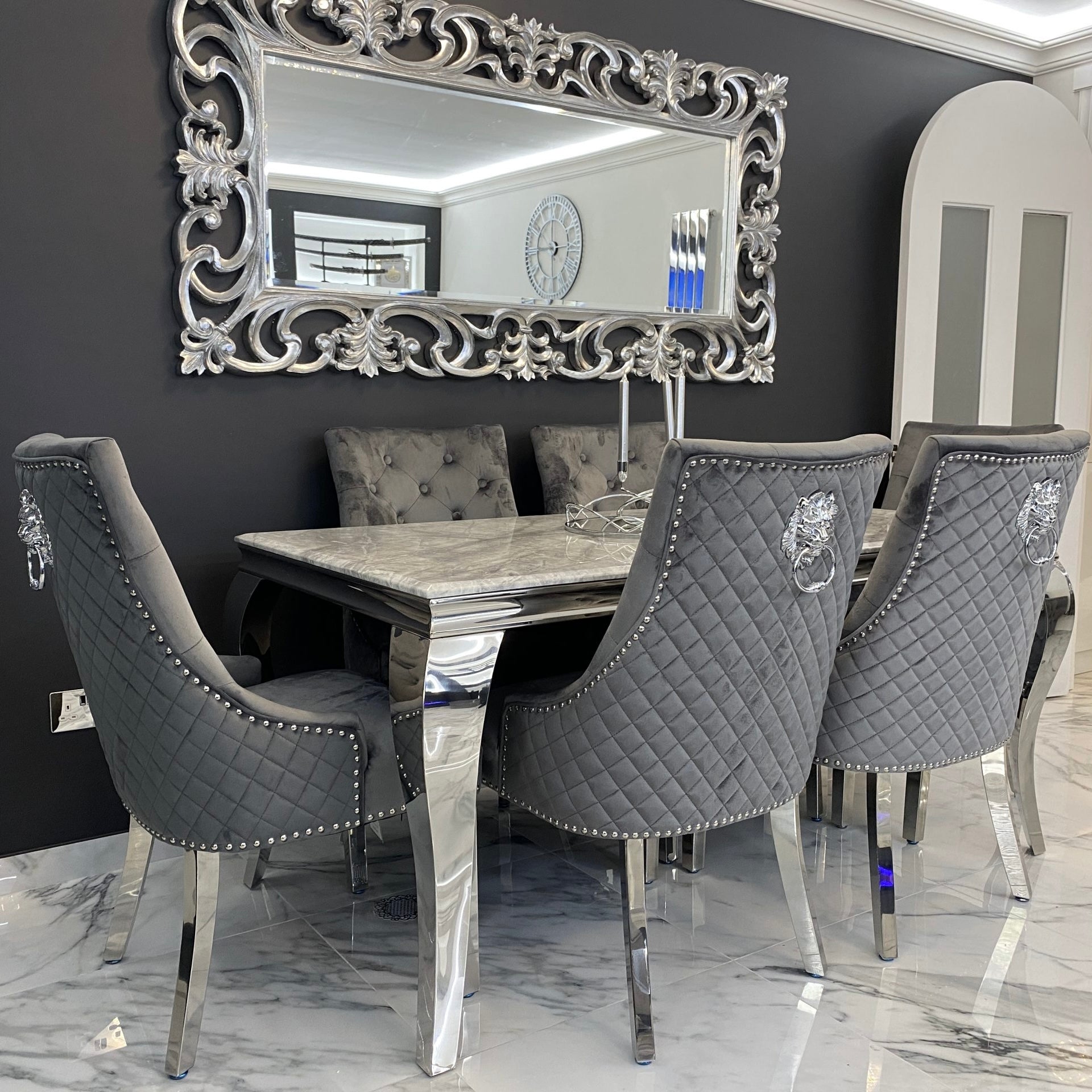 Bentley Grey Velvet Lion Knocker Dining Chair – Lush Interiors
