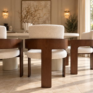 Walnut dining chair with beige seat cushion and wide backrest