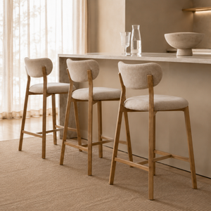 Upholstered oak barstool with curved back and light wood legs, set of stools