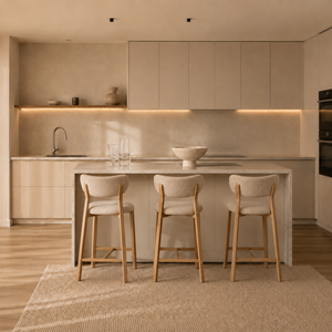 Oak barstool with beige upholstered seat and curved back, shown at kitchen island