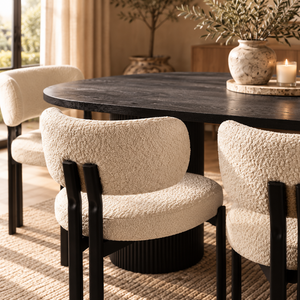 Luna Black Oval Dining Table & Maya Black Bouclé Dining Chair Set