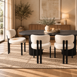 Luna Black Oval Dining Table & Maya Black Bouclé Dining Chair Set