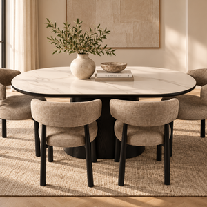 Full dining set: round light-top table with black base and four beige upholstered chairs