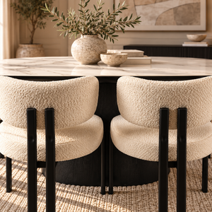Ivy Black Ceramic Dining Table & Maya Black Bouclé Dining Chair Set