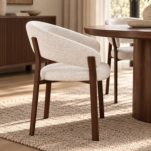 Upholstered dining chair, beige fabric with dark wood legs and rounded backrest