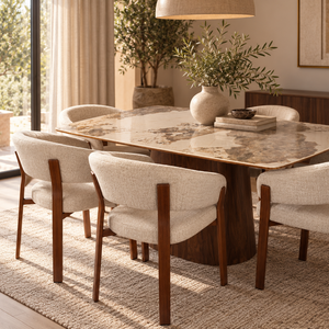 Eton Walnut Ceramic Dining Table &amp; Abel Walnut Dining Chair Set