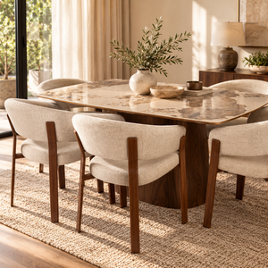 Walnut dining table with marble-look ceramic top and four fabric-upholstered chairs