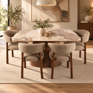Walnut dining table set with round marble-look top and six beige upholstered chairs