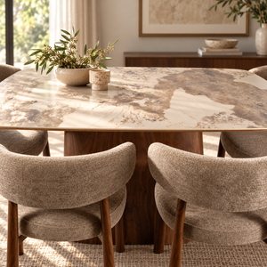 Walnut round dining table with marble-look surface and four beige upholstered chairs
