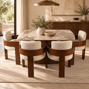 Walnut dining table with four beige upholstered chairs, marble-look tabletop