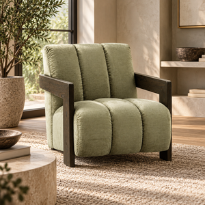 Henry Sage Armchair front view with channel-tufted green cushions and wood arms
