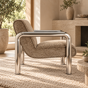 Brown armchair with textured upholstery and a curved chrome frame, in side profile