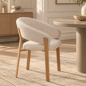 Light beige dining chair with cushioned seat, rounded backrest, and light wood frame