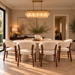 Cloud White Micro Cement Oval Dining Table & Abel Walnut Dining Chair Set