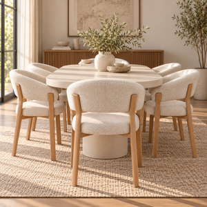 Cloud White Micro Cement Oval Dining Table & Abel Oak Dining Chair Set