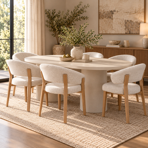 Cloud White Micro Cement Oval Dining Table & Abel Oak Dining Chair Set