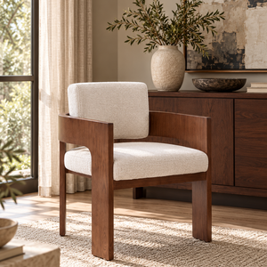 Cream upholstered dining chair with walnut wood arms and straight legs.