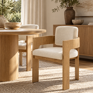 Cream fabric dining chair with oak arms and backrest, angled view