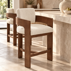 Walnut wood barstool with cream upholstered seat and back, with arms