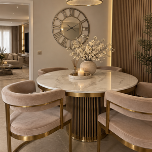 Luca White & Gold Round Marble Dining Table & 4 Sandro Velvet Chair Set