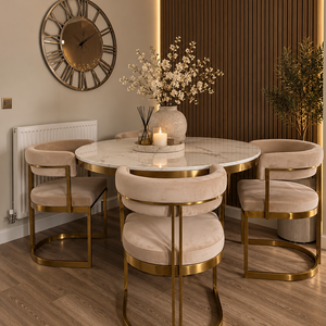 Luca White & Gold Round Marble Dining Table & 4 Sandro Velvet Chair Set