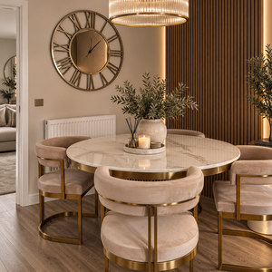 Luca White & Gold Round Marble Dining Table & 4 Sandro Velvet Chair Set