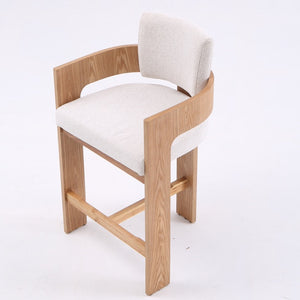 A modern bar stool with a curved light oak wood frame and textured off-white bouclé upholstery on the seat and backrest, shown on a seamless white background.