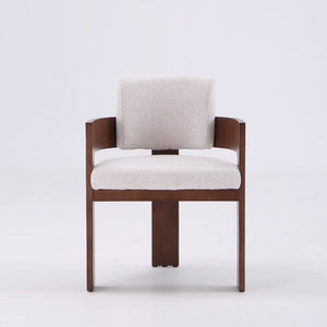A modern armchair with a dark brown wooden frame and light beige textured fabric upholstery on the seat and backrest, shown against a plain white studio background.