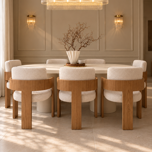 Cloud White Micro Cement Oval Dining Table & Harper Oak Dining Chair Set