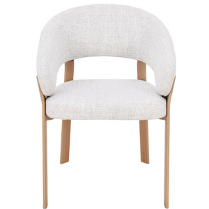 Upholstered dining chair with light gray fabric seat and rounded back, light oak legs