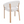 Three-quarter view of light gray upholstered dining chair with oak legs and arm supports