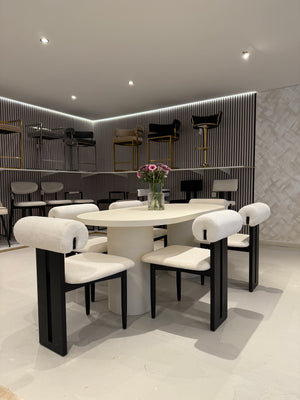 Cloud Micro Cement Oval Dining Table & Boba Bouclé Chairs Set