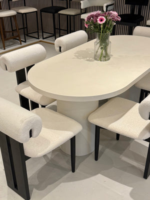 Cloud Micro Cement Oval Dining Table & Boba Bouclé Chairs Set