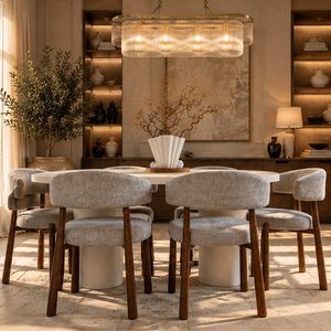 Cloud White Micro Cement Oval Dining Table & Aria Walnut Dining Chair Set
