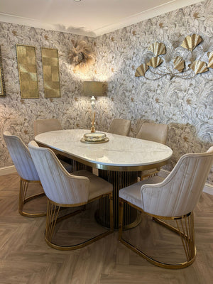 Luca White Marble Dining Table & Lanvin Velvet Chair Set