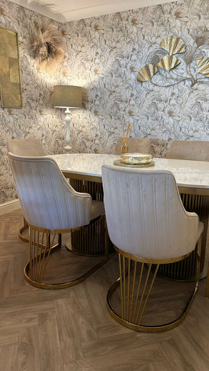 Luca White Marble Dining Table & Lanvin Velvet Chair Set
