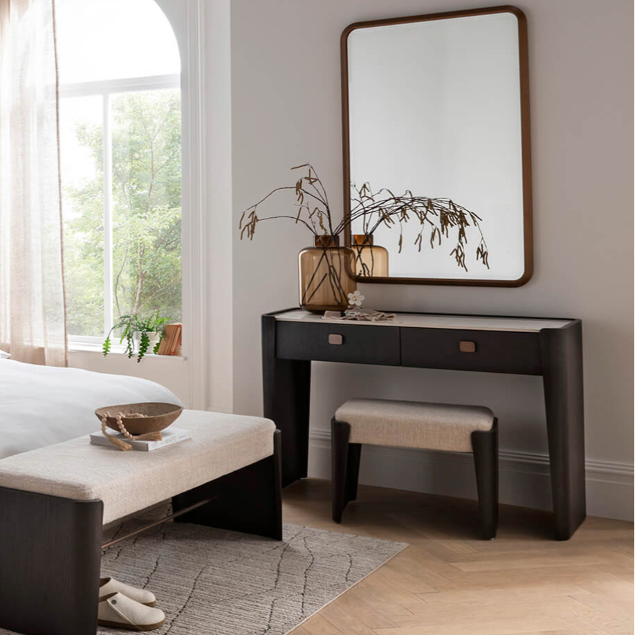 Ebony 2-drawer dressing table with wall mirror and dark wood bench