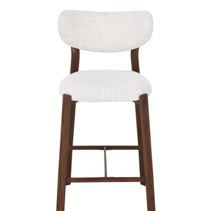Upholstered barstool with light fabric seat and back, dark walnut wood frame