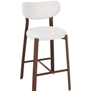 Walnut wood barstool with light upholstered seat and back, angled under-seat brace