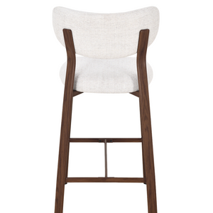 Light fabric upholstered barstool with dark walnut legs and back support frame