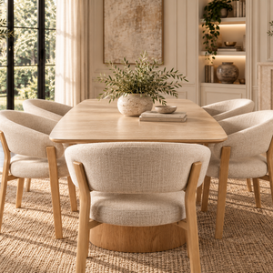 Round natural wood dining table with beige upholstered chairs, set for dining