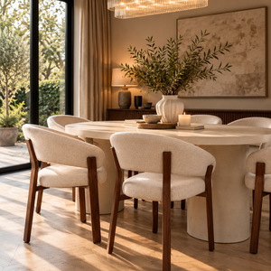 Cloud White Micro Cement Oval Dining Table & Abel Walnut Dining Chair Set