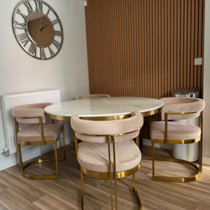 Luca White & Gold Round Marble Dining Table & 4 Sandro Velvet Chair Set