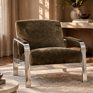 Corra khaki armchair with textured upholstery, broad seat, and polished metal frame